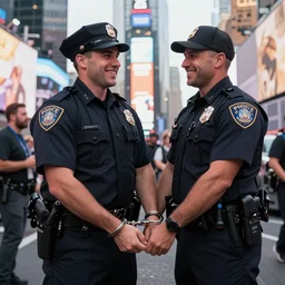 a police officer handcuffing another police officer, both smiling, time square, stock photography, award - winning,