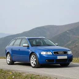 Denim Blue Audi A4 B6 Avant (2002) on a mountain, wide shot