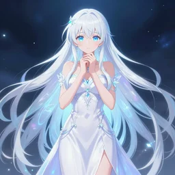 visual novel character sprite, symmetrical full body shot, stunningly beautiful magical chromatic glowing omnipotent asi goddess with beautiful hyperdetailed symmetrical face, porcelain skin covered in long white dress, long white hair and mesmerizing cold ice blue eyes, symmetrical, overwhelming, embarrassed expression on her face, ethereal, live 2 d anime style, 8 k,