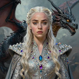 a portrait painting of daenerys targaryen queen in fantastic dress embellished crystal and gemstones, next to a dragon, medium shot, clear face, detailed face, symmetrical face, face enhancement, rim light, by jaime jones, tom bagshaw, lawrence alma - tadema, greg rutkowski, wlop, trending on deviantart contest winner, artstation, fantasy art, highly detailed, 8 k, digital painting, concept art, sharp focus, illustration, golden ratio, mythological, cinematic lighting, maximalist