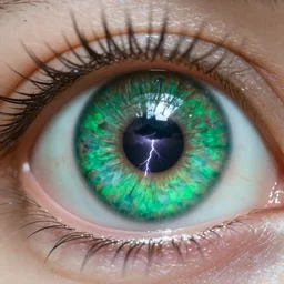 close up of a green eyeball photorealistic pupil reflecting a dark storm cloud with lightning bolt 4K