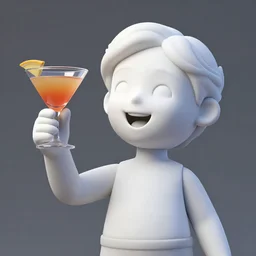 a 3 d smiling model of a white marble human head holding a coctail, digital illustration, in the style of leticia gillett, 3 d render, above the waist