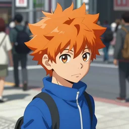 orange - haired anime boy, 1 7 - year - old anime boy with wild spiky hair, wearing blue jacket, shibuya street, bright sunshine, strong lighting, strong shadows, vivid hues, raytracing, sharp details, subsurface scattering, intricate details, hd anime, high - budget anime movie, 2 0 2 1 anime