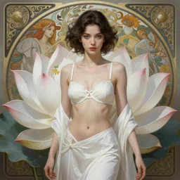 a photograpic portrait of a anthropomorphic lotus - blossom wearing white clothes and bra, attractive, fantasy, intricate, elegant, highly detailed, digital painting, artstation, concept art, smooth, sharp focus, illustration, art by artgerm and h r giger and alphonse mucha
