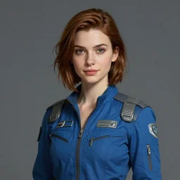 A young woman who looks like a mixture between Dakota Fanning, Bella Heathcote and Elizabeth Debicki, wearing blue utilitarian jumpsuit, scifi, highly detailed portrait, digital painting, artstation, concept art, smooth, sharp foccus ilustration, Artstation HQ.