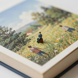 a tiny figurine sitting on top of a book, a tilt shift photo by william harnett, featured on unsplash, academic art, shallow depth of field, tilt shift, storybook illustration, macro lens, macro photo sigma 1 0 5 mm f 2. 8 award winning photography,