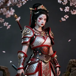 geisha warrior ornated viking armor war paint, detailed, smokey background, jewelry, sakura,photograph, award wining, red and white, trending on artstation, punk attitude, 4k, unreal engine 5, octane render, neon highlights