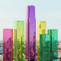 emerald glass town, high detailed, tall scycrappers, pink and purple and yellow and green glass,