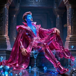 futuristic photo of handsome Nick Jonas as a prince made of magenta-tinted glass wearing a hypersonic cape in an onyx aztec temple, reclining, glowing blue face, futuristic, oozing glowing liquid, blue diamonds, very detailed render, cosmic lighting