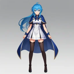 blue-haired female alchemist wearing a short dress, stockings and cape, character art from Bravely Default 2, jRPG character art, digital art, full body, stylized anime, high quality,