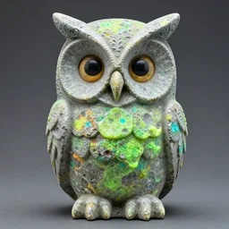 symmetrical detailed sculpture of an owl, made of Fluorescent Rock
