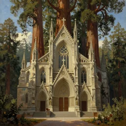 the holy redwood cathedral by albert bierstadt, luminism, stunning detailed painting, trending on artstation, cinematic concept art