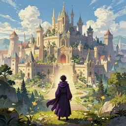 a magical wizard in front of a big and structured landscape of a big and structured fantasy kingdom city by Maxfield Parrish, digital art 8k, trending on artstation, anime, unreal engine