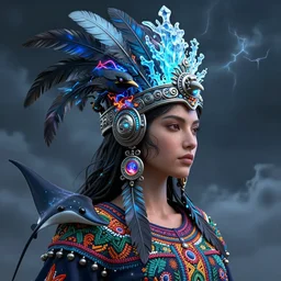 3 d warrior goddess close - up profile portrait. beautiful intricate highly detailed mexican magpie helm and richly embroidered blouse, quetzalcoatl, stingray, bioluminescent, plasma, lava, ice, feather, wind, stormy, artwork by tooth wu and wlop and annie leibovitz, octane 3 d render