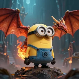 minion dragon flame minion dragon lord minion dragon rider on fantasy skyland, dark atmosphere, sharp focus, bokeh, movie shot, cinematic perspective, full hd, Vibrant colors