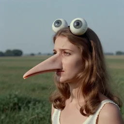 beautiful woman with a long snout, wearing eyeballs on her head, in the countryside 1974 arthouse film, archival footage, technicolor film expired film