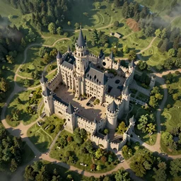top down castle map seen from above, close up, flat, horizontal, map