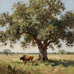 an impressionistic painting of a texas longhorn under huge oak tree with spreading branches covering canvas, in the style of george stubbs, digital art, super long shot, concept art