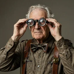 an old man wearing a steampunk shirt and wearing glasses modified from binoculars, created by Thomas Kinkade.