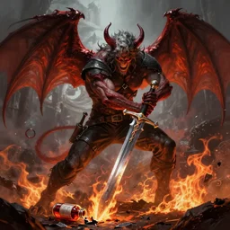 the witcher fighting a demon, broken sword, demon with wings, broken bottle of mutagen on the ground, fire detail, symmetrical, sharp details, highly detailed sword, digital painting, trending artstation, epic fantasy, cinematic lighting, vibrant colors, photorealism, epic, octane render.