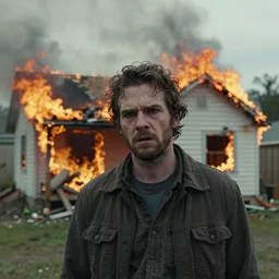 a photo of a house burning down in the background and gomez adams with an eerie expression in the foreground, strong depth of field