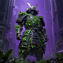 a giant samurai statue standing in a cyberpunk city, highly detailed green leaves, nature taking back, decayed, cyberpunk, dark fantasy, photorealism, unreal engine, purple hue, sci-fi, by H.R. Giger