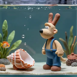side view of tropical fish tank, wallace and gromit wrong trousers. mechanical. plasticine models. clay sculptures. figures. wet surface. bubble out of a shell