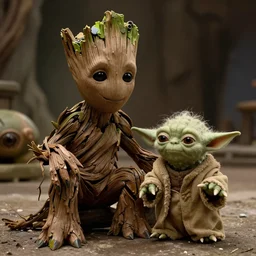 Film still of Groot sitting with Yoda on Dagobah, from Star Wars The Empire Strikes Back (1980)