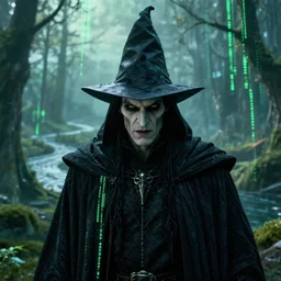 an ultra realistic cinematic!! headshot portrait!! of an evil wizard in a vast serene landscape with trees and rivers in the matrix, matrix code, detailed, deep focus, movie still, dramatic lighting, ray tracing, by michal karcz and ryoji ikeda