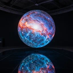 a large scale immersive public art installation. big mirror floor reflect single big suspended sphere with projected space nebula visuals on it inside giant and dark printworks venue