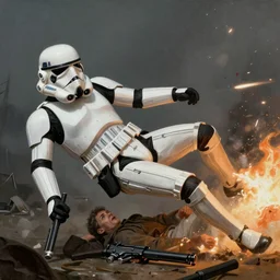 war photography, the falling soldier, an imperial stormtrooper hit by blaster fire, exact moment of death frozen in time, zeroes in on the instant of death forever anticipated in the painting, etched into the public's mind, groundbreaking, breathtaking, awardwinning, by robert capa, digital intricate art, hyperrealistic, detailed picture, 8 k, high resolution