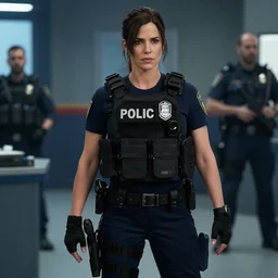 Sandra bullock in resident evil 2 police station, tactical gear