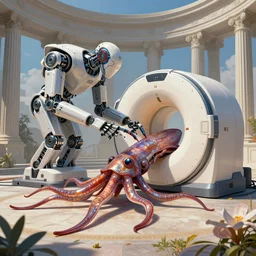 futuristic robotic neoclassical cybernetic symbiosis thick bifurcated robotic cnc surgical hybrid mri 3 d printer machine making a cybersquid outside, sci - fi, highly detailed, vibrant colors, hyperrealistic, artstation, concept art, unreal render, sharp focus, illustration, art by greg rutkowski and artgerm and alphonse mucha,