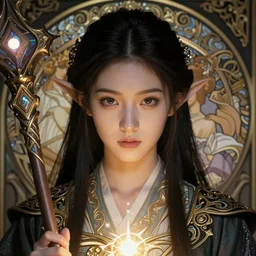 detailed portrait asian girl of fantasy elf wizard, wizard magic staff, casting a spell, face symmetrical, elite, elegant, concept art, intricate complexity, by shigenori soejima, krenz cushart, alphonse mucha, takato yamamoto, conrad roset, 4 k, beautiful, cinematic dramatic atmosphere, volumetric lighting, smooth, highly detailed, perfect face, fine details, realistic shaded, fine - face, pretty face