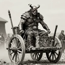 vertical movie frame with heavy warrior riding ancient wood buggy, hunting, armor inspired by diablo barbarian and fashion, strong blooded body, brutal blooded symmetrical face, epic, cinematic lighting, award winning, establishing shot, extremely high detail, photorealistic, brutal, provocative, natural lighting, octane render, old photo, vintage, black and white, sepia, old photography, documentary photography