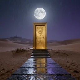 night, rainy mood, a lonely epic door stands on the gobi desert, in which the wet winding stone steps leading to the moon palace. octane render, ultra wide view, slr camera. 8 k. grey blue, light gold and dark purple color scheme.