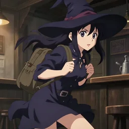 key anime visual portrait of a young female witch carrying a backpack in a tavern interior, dynamic pose, dynamic perspective, cinematic, dramatic lighting, muted colors, fine detail, textured, big detailed eyes, anatomical proportions