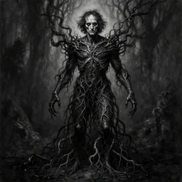 award - winning painting of a edgar alan poe, infested with pitch black, tar - like, shadow roots with lots of tendrils on the skin, black veins, intricate detail, deep black roots, infestation, shadowy, lovecraftian, beksinksi, black and white, chiaroscuro, full body shot
