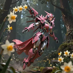 a female saints as daffodils made of mecha is flying in the fantasy forest by merriam, daniel, intricate mechanical details, futuristic, 2 k aesthetic, dramatic lighting, concept art, 4 k, 3 d octane render, pink and red colors, provenance, detailed, trending on artstation