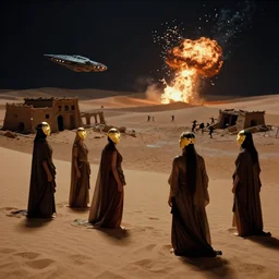 the long - shot of bene gesserit women in full - face golden glowing masks seeing the abandoned buildings under the sand in night arrakis desert, alien spaceship exploding, fight scene, film still from the movie by alejandro jodorowsky with cinematogrophy of christopher doyle and art direction by hans giger, anamorphic lens, kodakchrome, very detailed photo, 8 k,