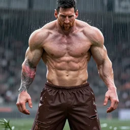 strongest leon messi, highly detailed, super tall, white skin, very muscular face, strong, beast, brown pants with holes, rain background, digital art, pixiv fanbox, artstation, by greg rutkowski, wlop