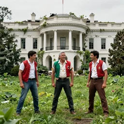mexican standoff between three men in destroyed white house covered by vegetation, hyperdetailed, artstation, cgsociety, 8 k