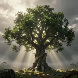 two thousand year old tree, yggrdasil, octane render, dramatic lighting, digital art, atmospheric lighting, sunlight through the fog, sunrays