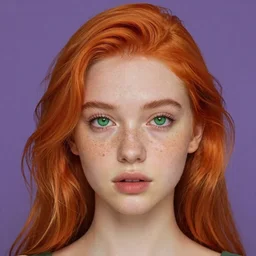 portrait Girl with orange hair and freckles, green eyes, fine face pretty face, purple background, fine details, by Ilya Kuvshinov and Gustav Klimt