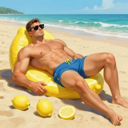 an extremely muscular man as a lemon fruit with sunglasses lying on a beach trending on artstation, painted by greg rutkowski