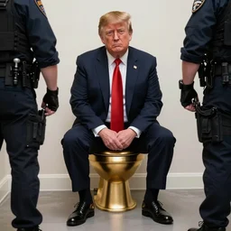 donald trump sitting on a golden toilet arrested by a swat team, perfect faces