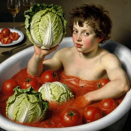 a boy sitting in a tub full of tomato sauce, a lot of cabbage, dinner is served, by giuseppe arcimboldo, odd nerdrum and ambrosius benson, renaissance, fruit, intricate and intense oil paint, realistic