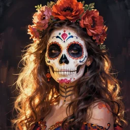 Illustration of a sugar skull day of the dead girl, art by peter max
