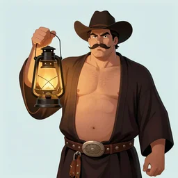 tarot card of a shirtless handsome beefy cowboy holding a lantern | mustache with no beard | dark tela robe, dad bod, homoerotic, art deco, art nouveau, ( ( stained glass ) ) | by louis comfort tiffany | trending on artstation