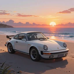beautiful, detailed digital painting of a porsche 9 1 1 on the beach and looking at the sunset, anime by makoto shinkai, sand, waves, trending on artstation